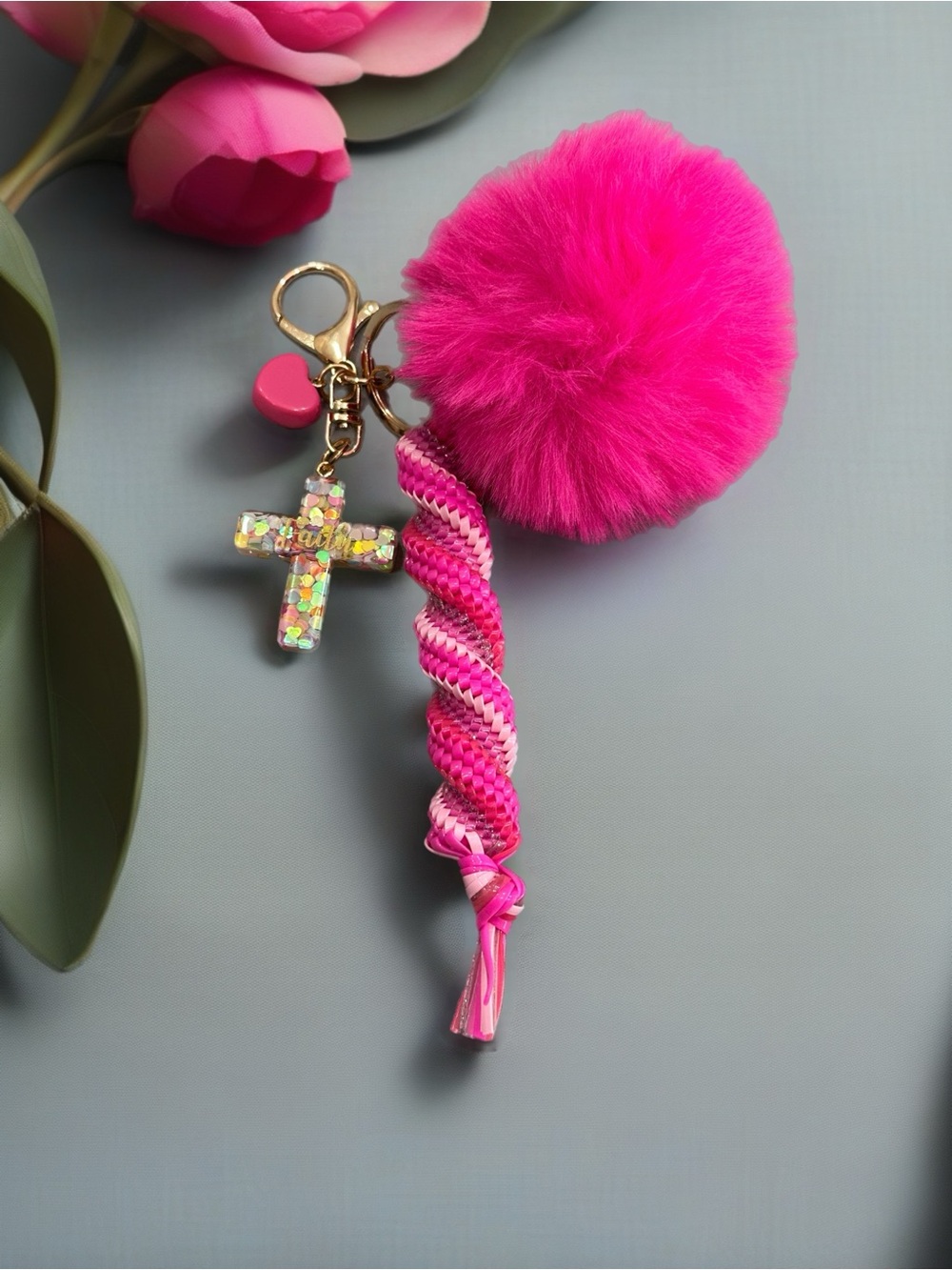 Pink Pom-Pom Cross Keychain Charm